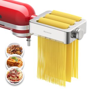 3-in-1 All Steel Pasta Attachment Set for KitchenAid Stand Mixer – Contains Pasta Sheet Curler, Spaghetti Cutter, Fettuccine Cutter, and Cleansing Brush