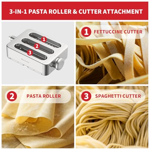 3-in-1 All Steel Pasta Attachment Set for KitchenAid Stand Mixer - Contains Pasta Sheet Curler, Spaghetti Cutter, Fettuccine Cutter, and Cleansing Brush