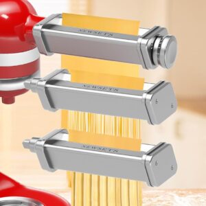 Set of three Pasta Maker Attachments for All KitchenAid Stand Mixers: Contains Pasta Curler, Fettuccine Cutter, and Spaghetti Cutter for Noodle and Ravioli Preparation, Product of 304